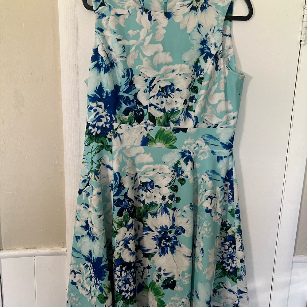 Calvin Klein Blue and White Floral Midi Dress
